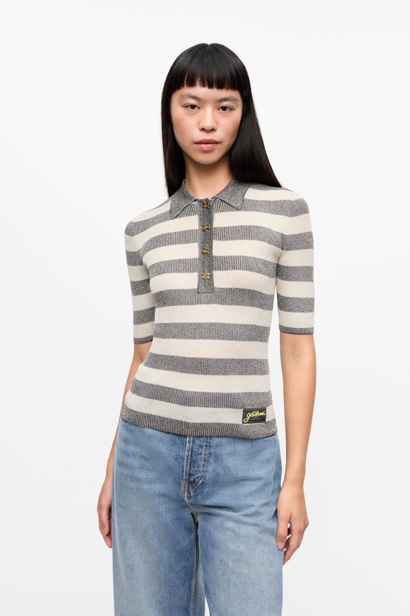 Striped Sparkle Rib Polo T-Shirt | Egret