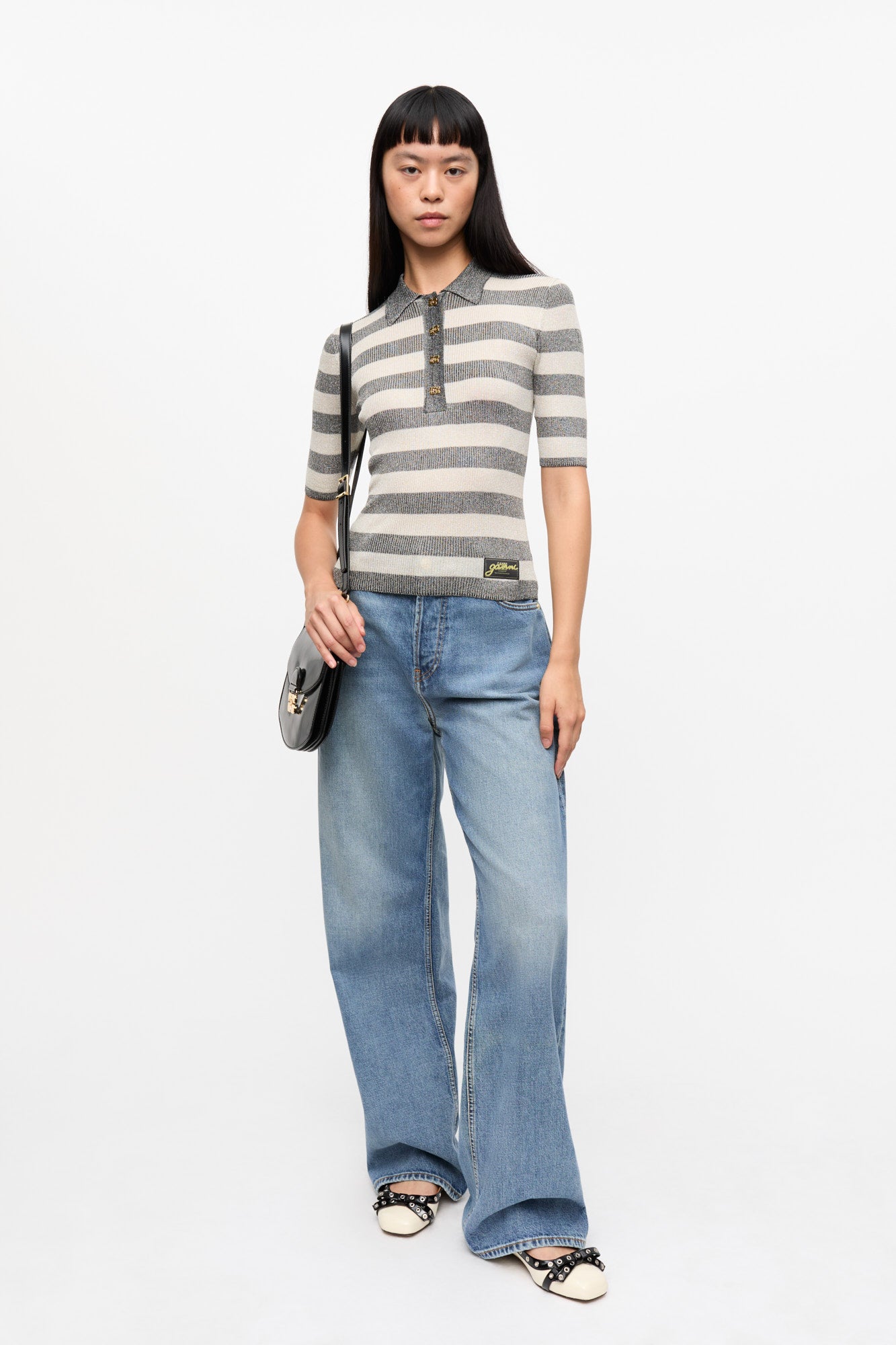 Striped Sparkle Rib Polo T-Shirt | Egret