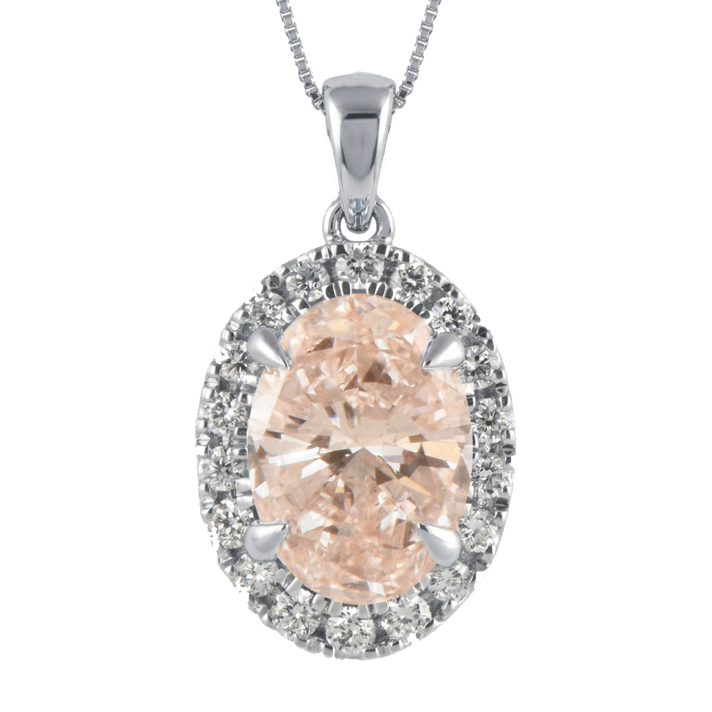 Womens | Halo Solitaire Pendant Necklace | 14K White Gold | 0.5 CTW Oval Cut Lab Grown Diamond | Pink-VS1