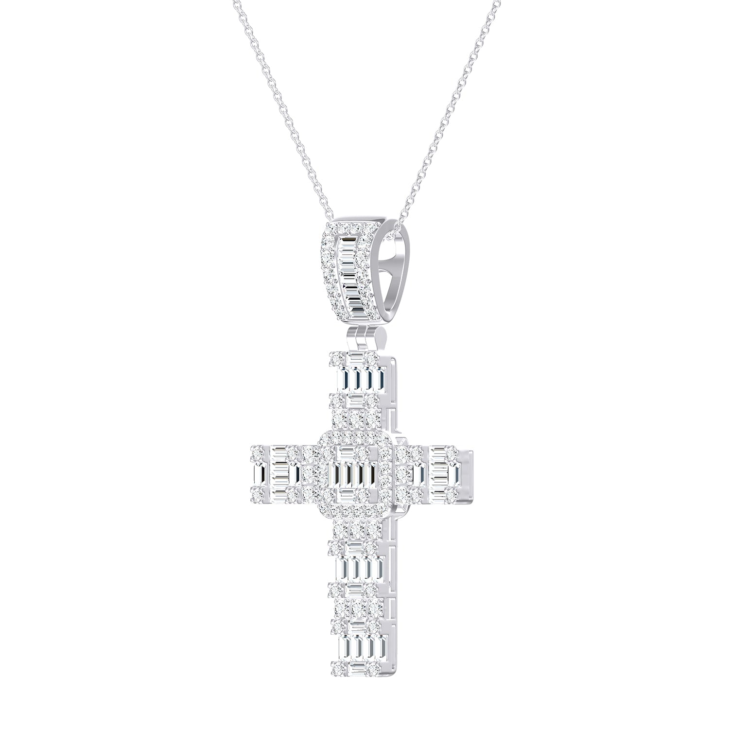 Womens | Cross Pendant Necklace | 14K White Gold | 3 CTW Baguette Cut Lab Grown Diamond | G-VS-SI1