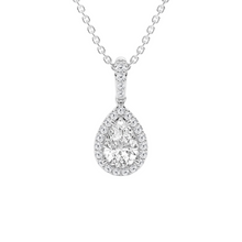 Womens | Halo Solitaire Pendant Necklace | 14K White Gold | 0.75 CTW Pear Cut Lab Grown Diamond | F-VS2