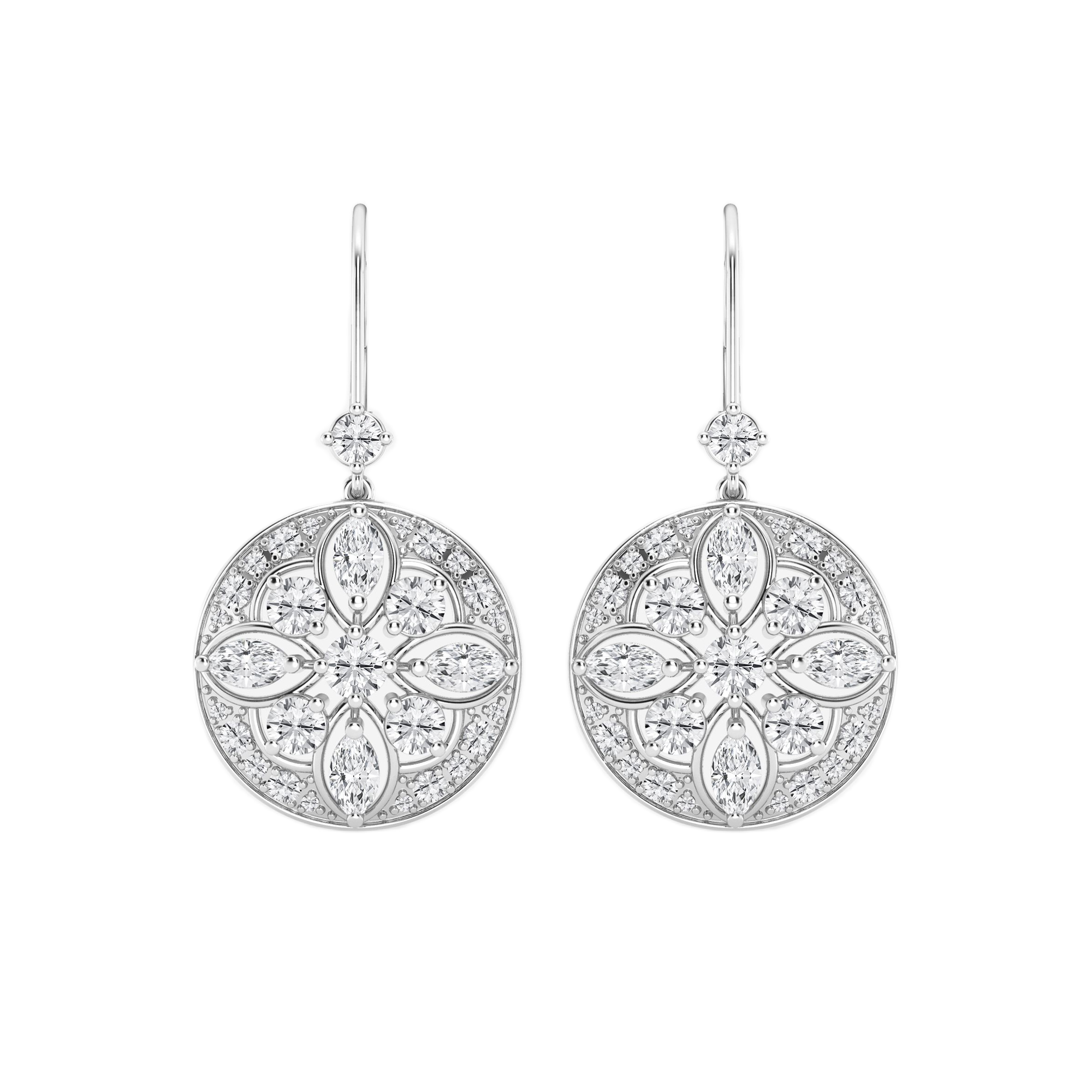 Womens | Halo Leverback Drop Earrings | 14K White Gold | 2.50 CTW Round Cut Lab Grown Diamond | E-VS1