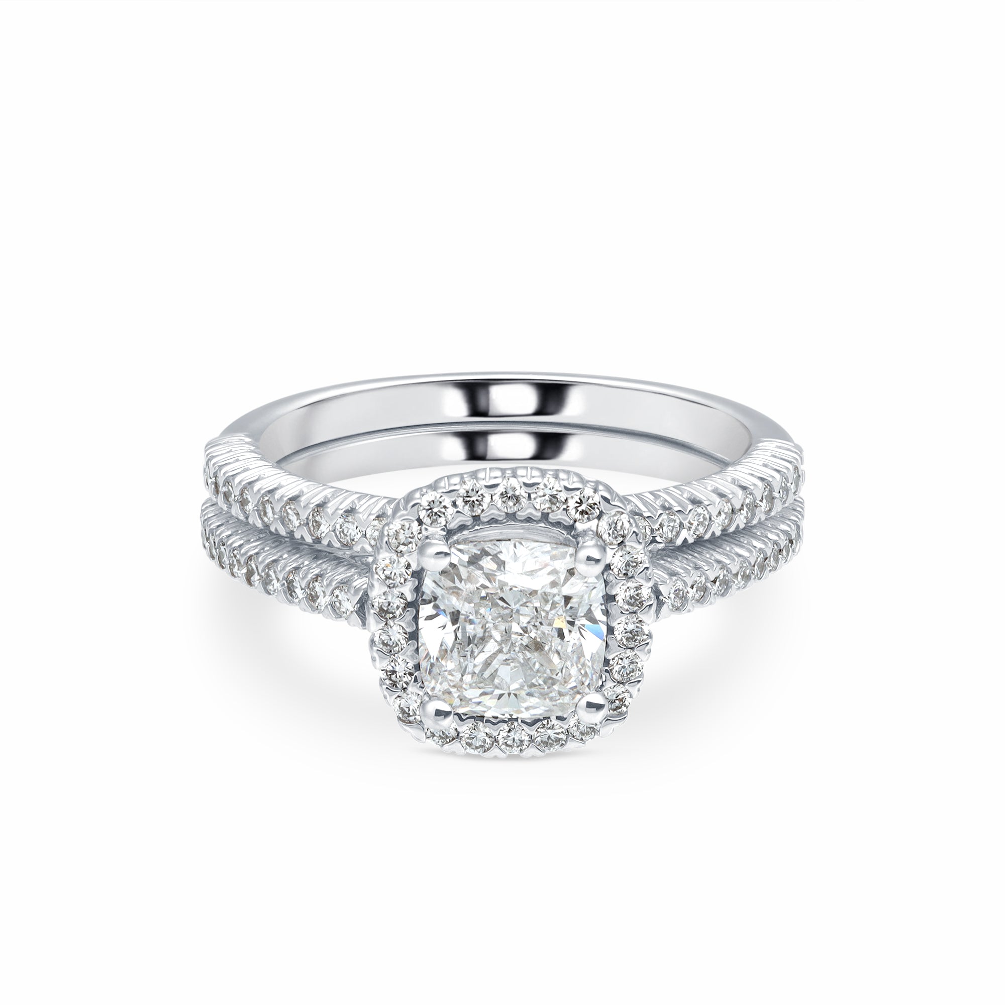 Womens | Bridal Set | 14K White Gold | 2 CTW Cushion Cut Lab Grown Diamond | G-VS