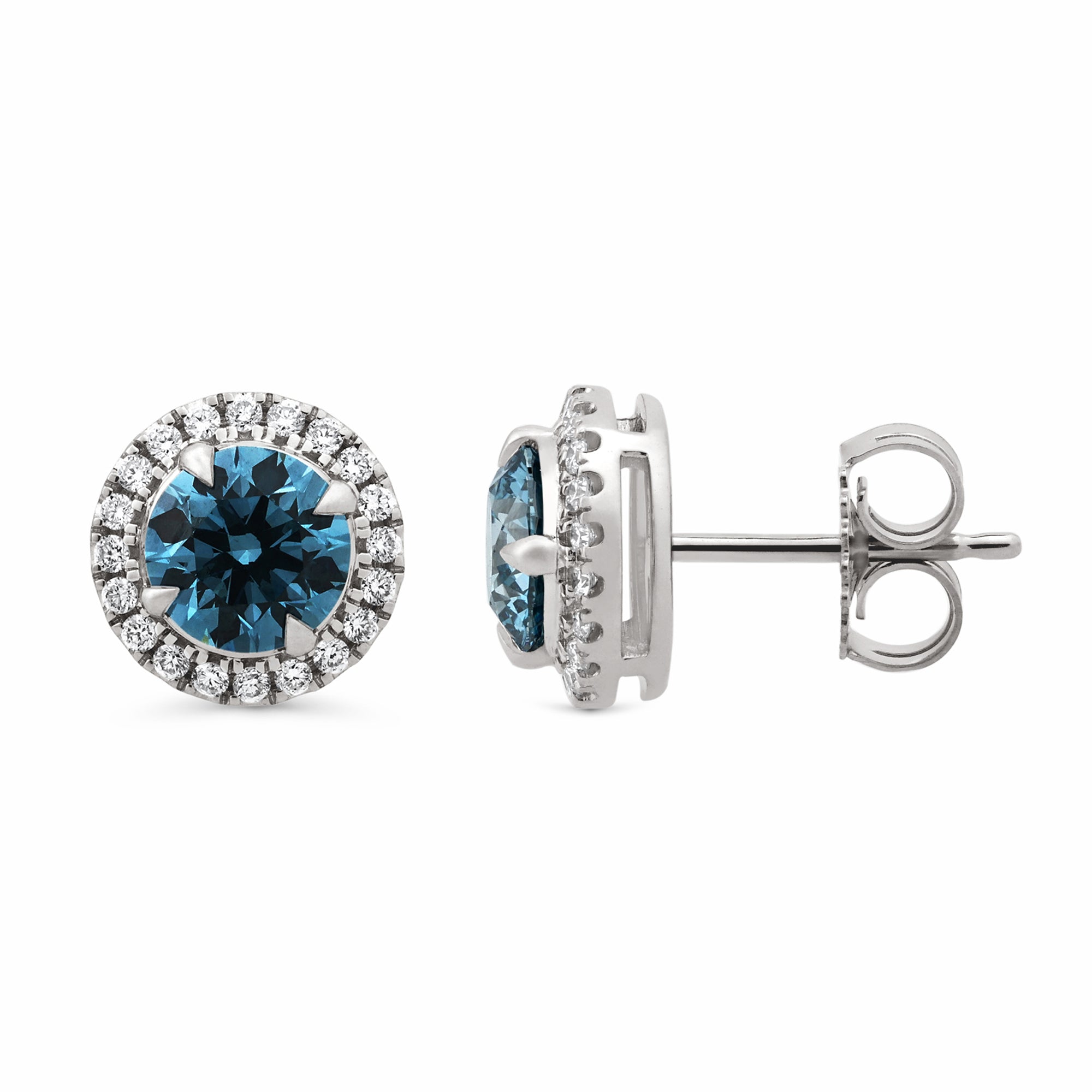 Womens | Halo Stud Earring | 14K White Gold | 2.25 CTW Round Cut Lab Grown Diamond | Blue-VS1