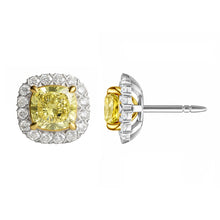 Womens | Halo Stud Earring | 14K Two Tone Gold | 2.85 CTW Cushion Cut Lab Grown Diamond | Yellow-VS1