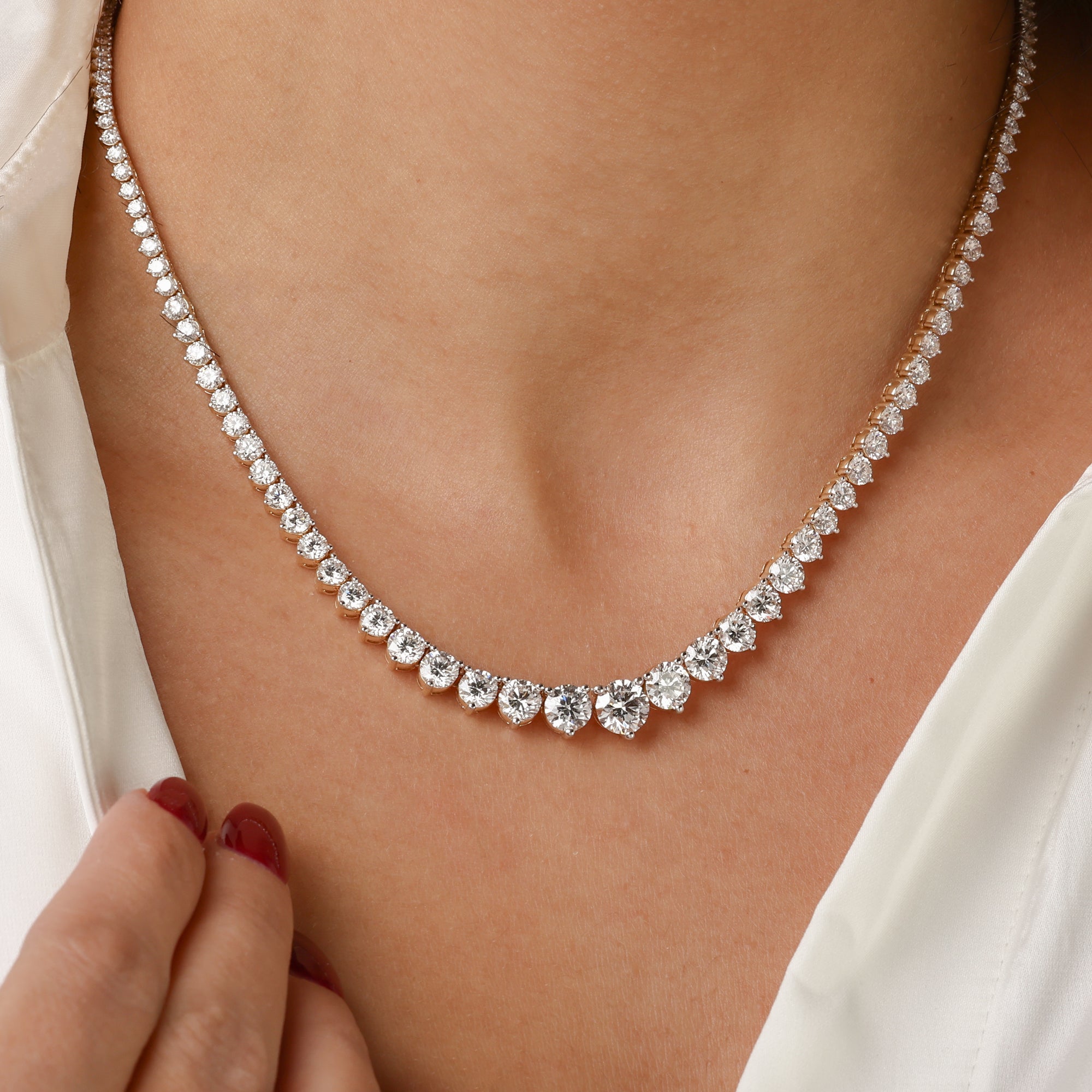 Womens | Riviera Tennis Necklace | 18K White Gold | 13 CTW Round Cut Lab Grown Diamond | G-VS
