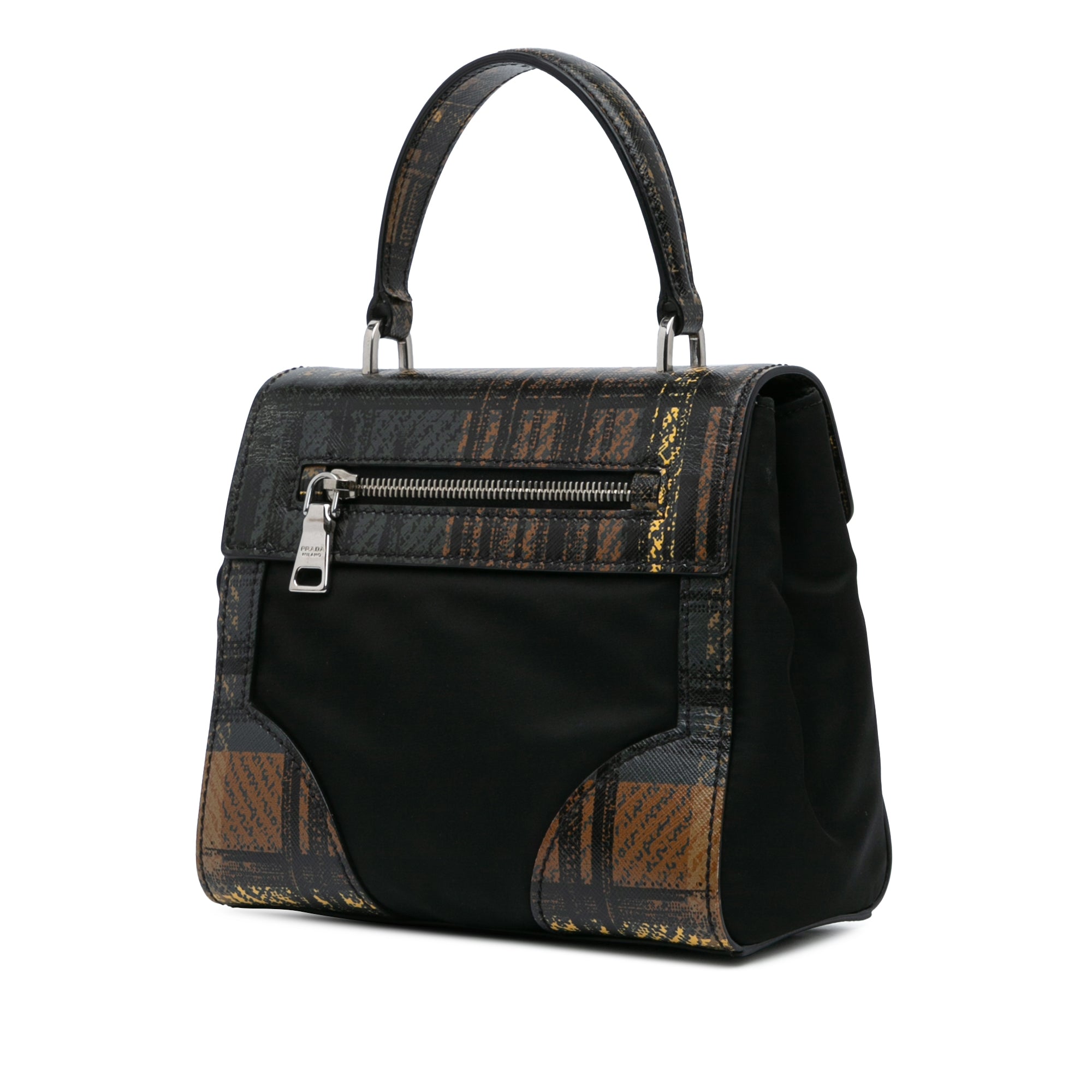 Prada | Pre-Owned Tartan Saffiano Trimmed Tessuto Satchel | Black