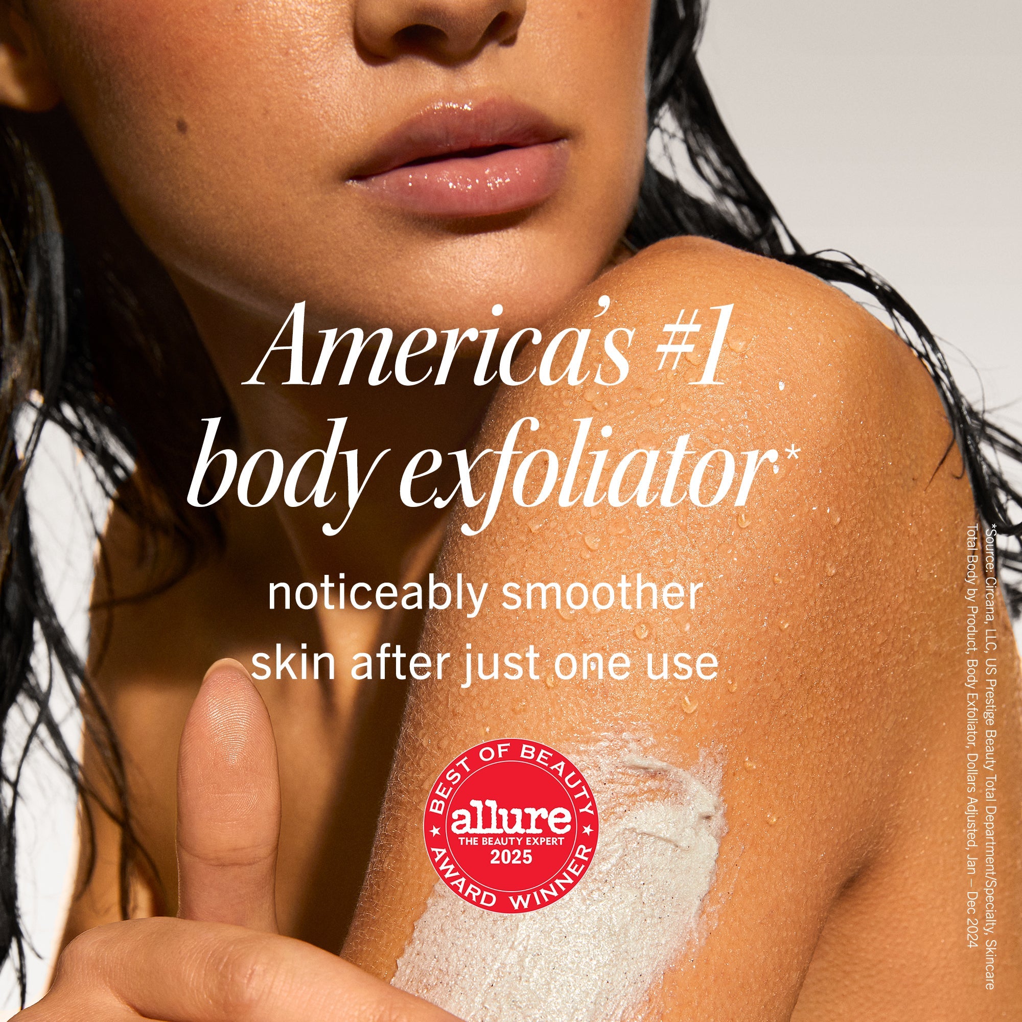 A person gently applies body exfoliator to their wet shoulder, demonstrating skincare use. Text reads: "America's #1 body exfoliator* noticeably smoother skin after just one use," with an "Allure 2025 Best of Beauty Award Winner" badge.
