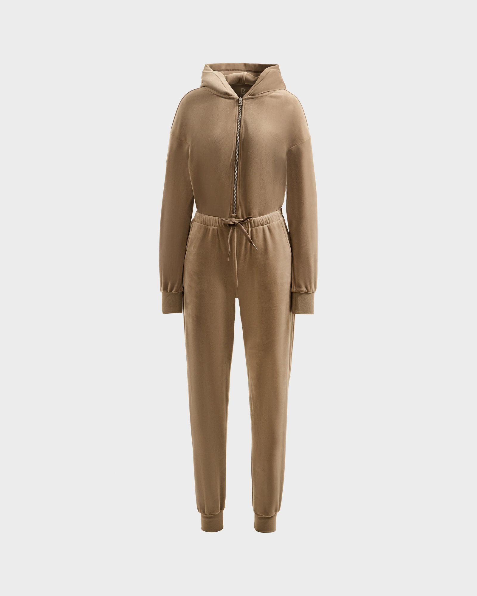 The Rudsak KETZY - L525503 Sand women’s hooded jumper in brown features plush stretch velour, a front zipper, drawstring waist, fitted cuffs, and a crystal-sequin logo. Shown on a plain white background.