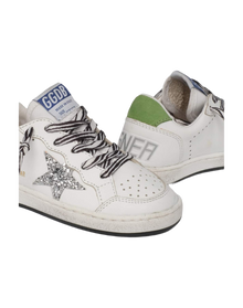 Kids | Ballstar Leather Upper Glitter Star Nylon Tongue | White x Silver x Green