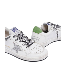 Kids | Ballstar Leather Upper Glitter Star Nylon Tongue | White x Silver x Green