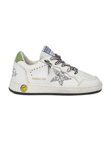 Kids | Ballstar Leather Upper Glitter Star Nylon Tongue | White x Silver x Green