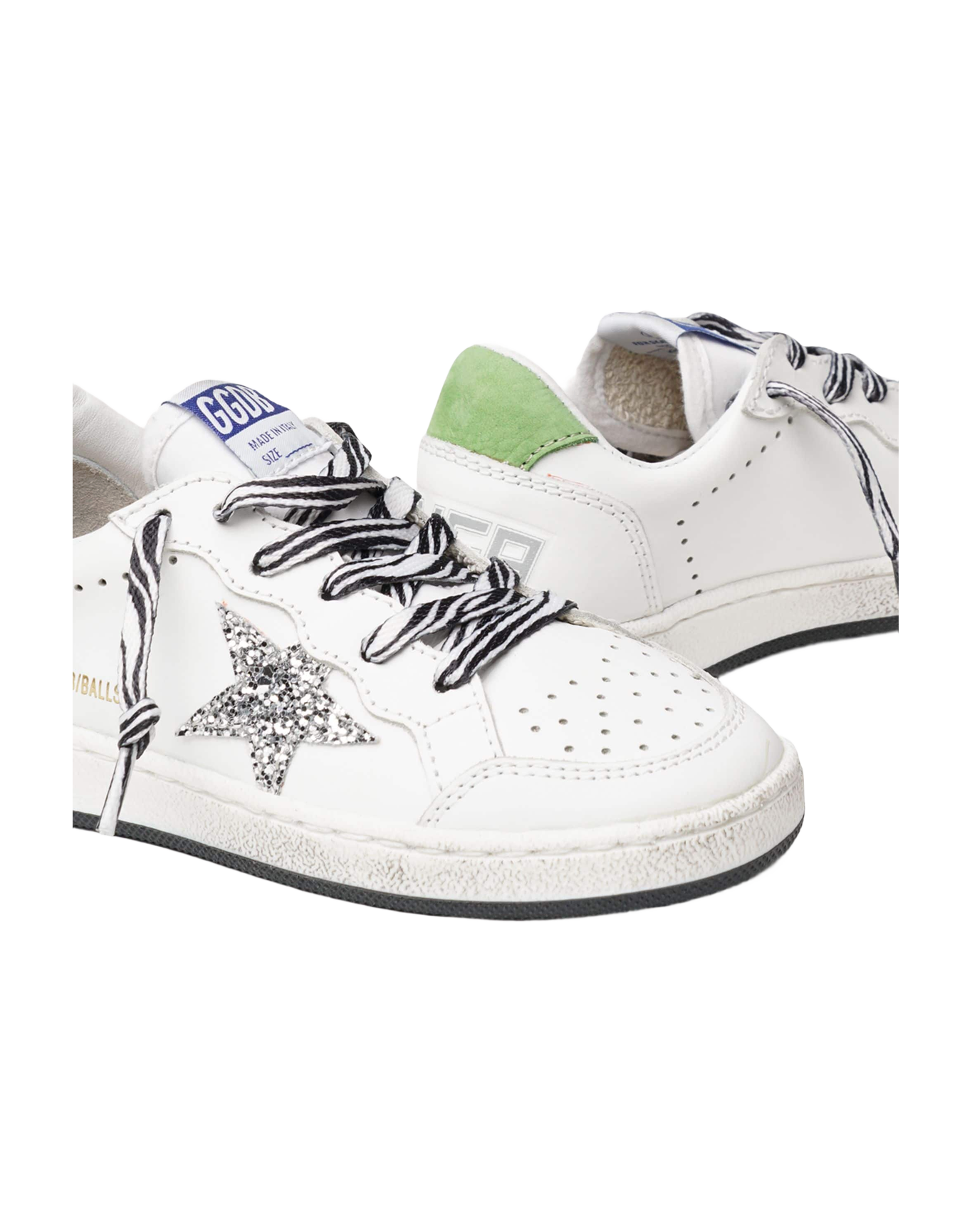 Kids | Ballstar Leather Upper Glitter Star Nylon Tongue | White x Silver x Green