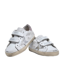 Kids | Junior Old School Sneakers with Glitter Heel Tab & Silver Star | White x Silver x Rose Quartz