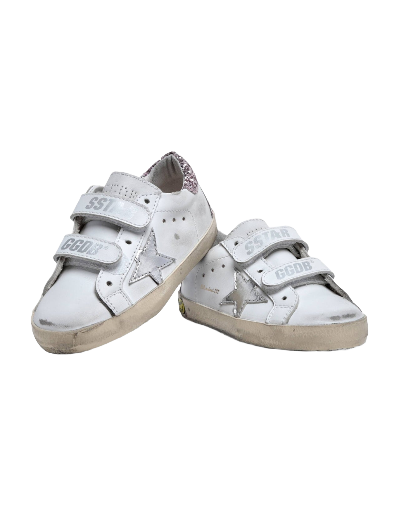 Kids | Junior Old School Sneakers with Glitter Heel Tab & Silver Star | White x Silver x Rose Quartz