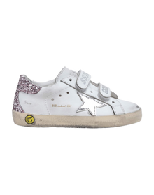 Kids | Junior Old School Sneakers with Glitter Heel Tab & Silver Star | White x Silver x Rose Quartz