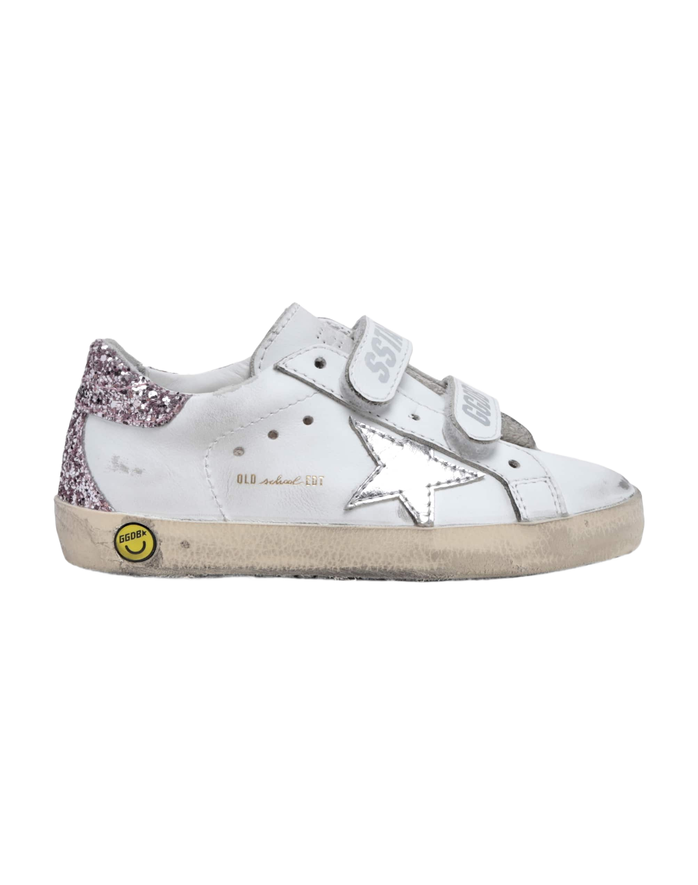 Kids | Junior Old School Sneakers with Glitter Heel Tab & Silver Star | White x Silver x Rose Quartz