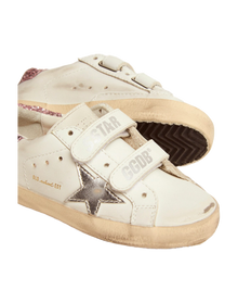 Kids | Junior Old School Sneakers with Glitter Heel Tab & Silver Star | White x Silver x Rose Quartz