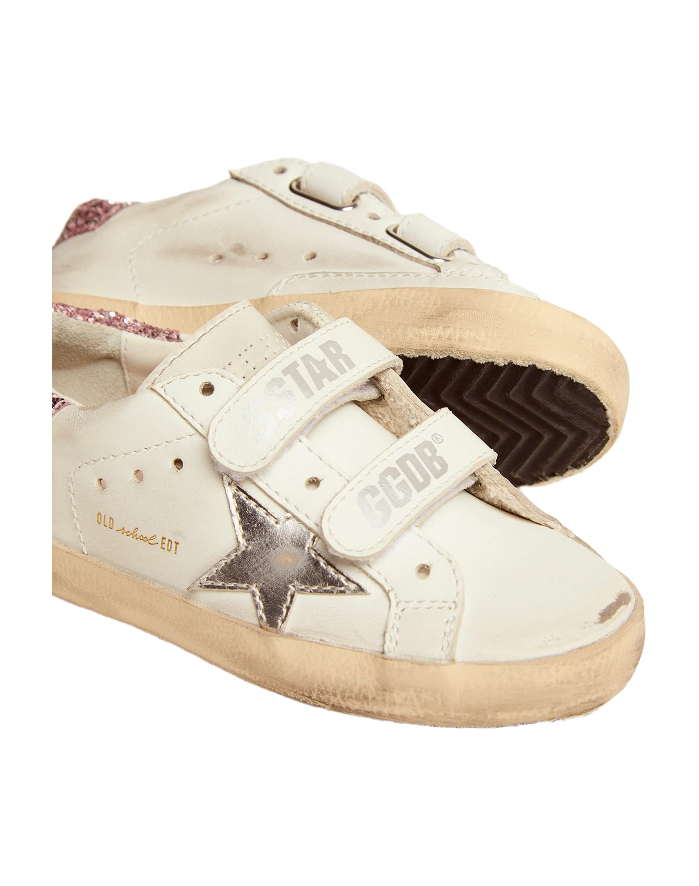 Kids | Junior Old School Sneakers with Glitter Heel Tab & Silver Star | White x Silver x Rose Quartz