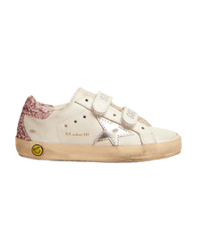 Kids | Junior Old School Sneakers with Glitter Heel Tab & Silver Star | White x Silver x Rose Quartz