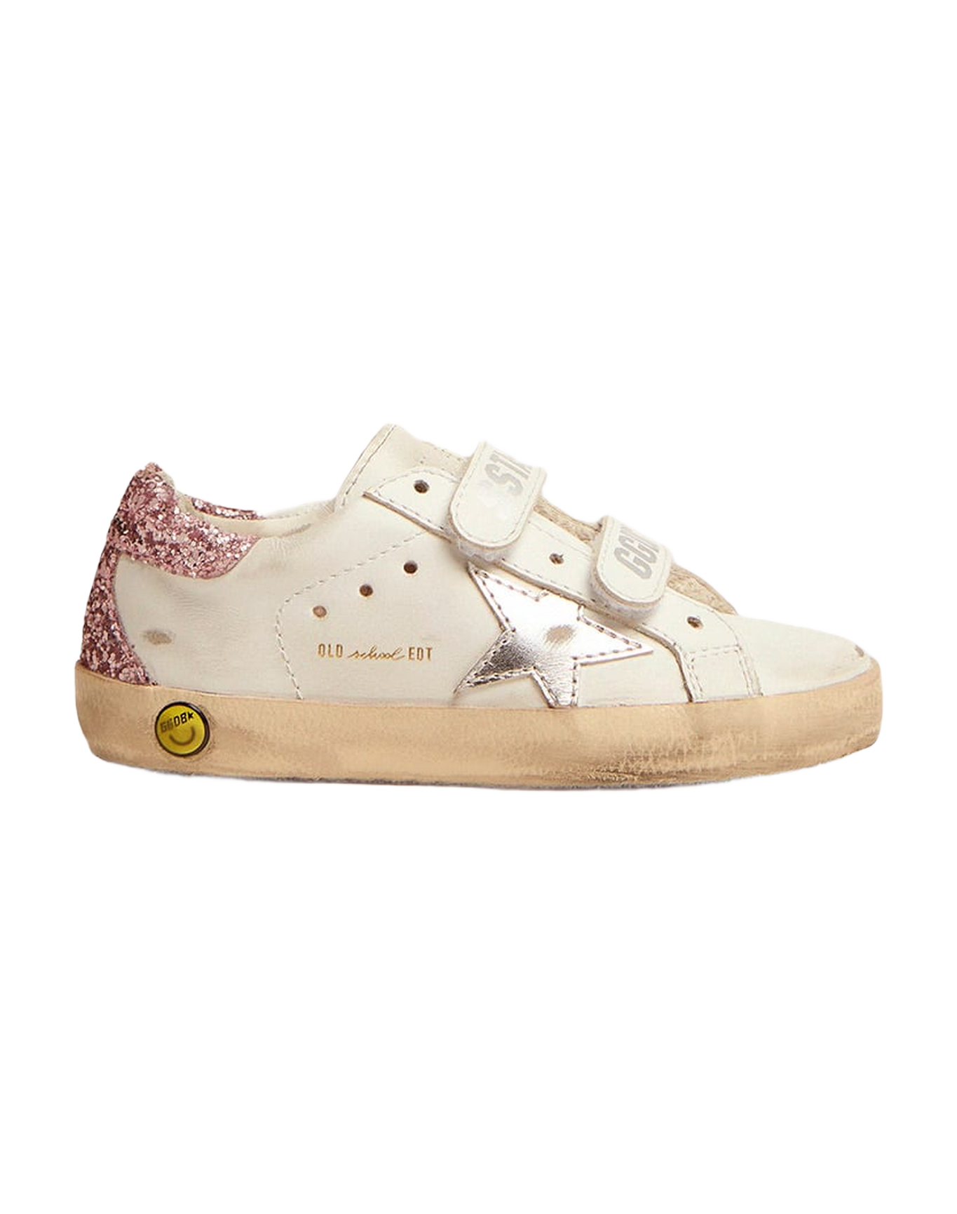 Kids | Junior Old School Sneakers with Glitter Heel Tab & Silver Star | White x Silver x Rose Quartz