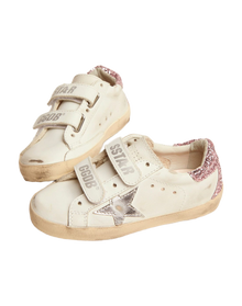 Kids | Junior Old School Sneakers with Glitter Heel Tab & Silver Star | White x Silver x Rose Quartz