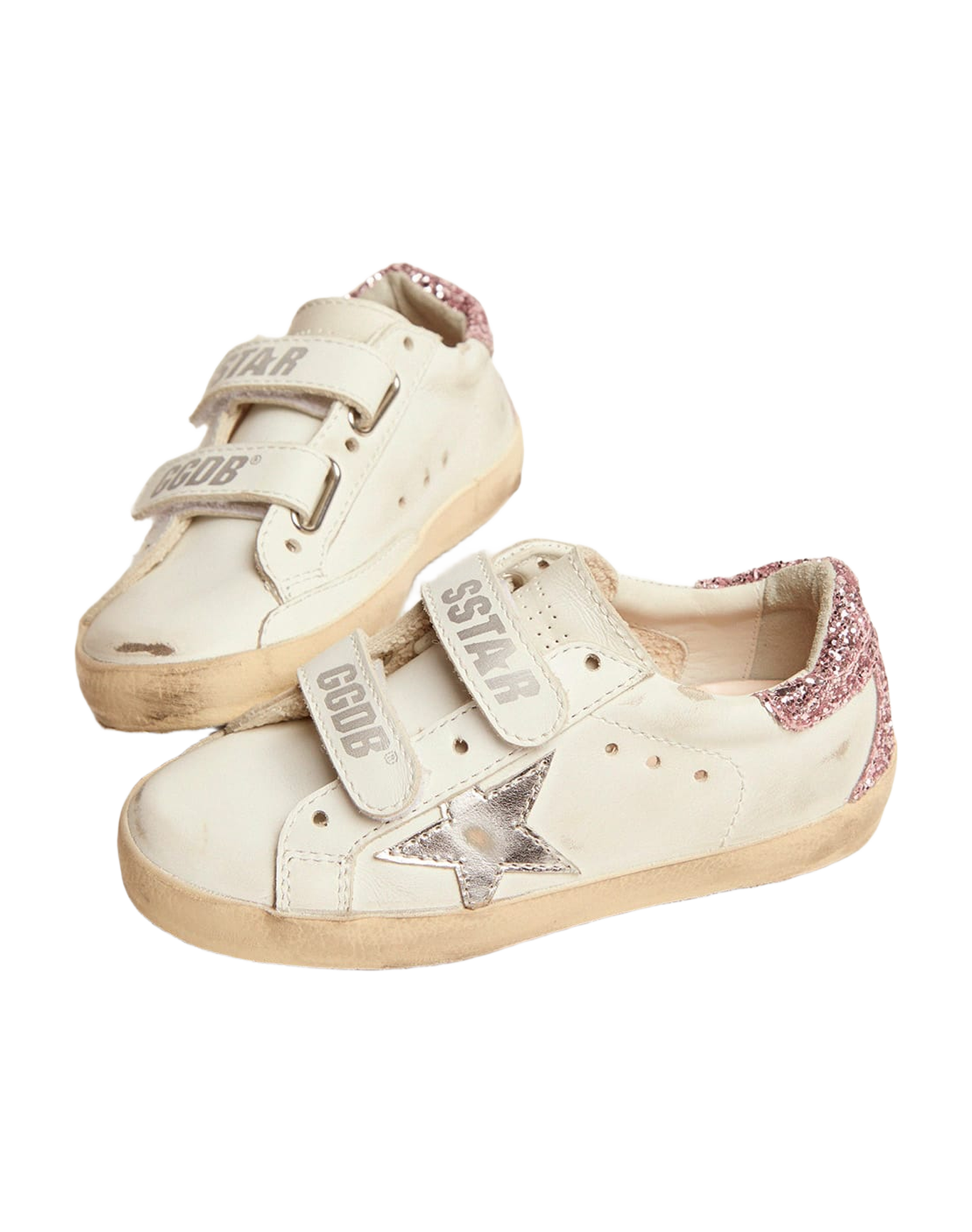 Kids | Junior Old School Sneakers with Glitter Heel Tab & Silver Star | White x Silver x Rose Quartz
