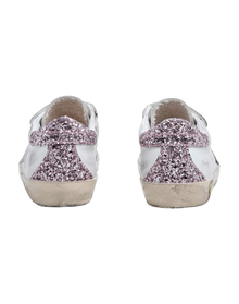 Kids | Junior Old School Sneakers with Glitter Heel Tab & Silver Star | White x Silver x Rose Quartz