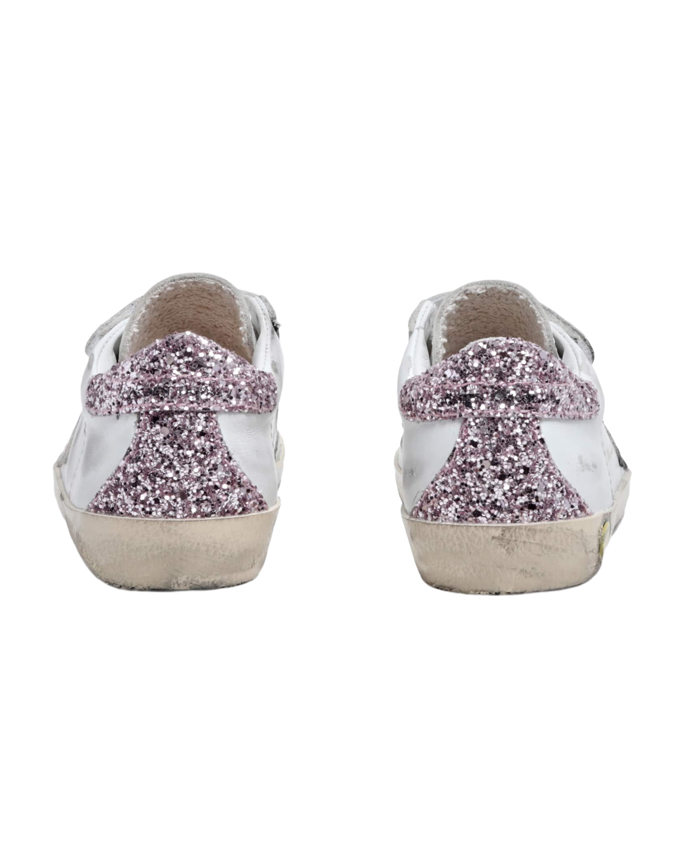 Kids | Junior Old School Sneakers with Glitter Heel Tab & Silver Star | White x Silver x Rose Quartz