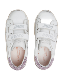 Kids | Junior Old School Sneakers with Glitter Heel Tab & Silver Star | White x Silver x Rose Quartz