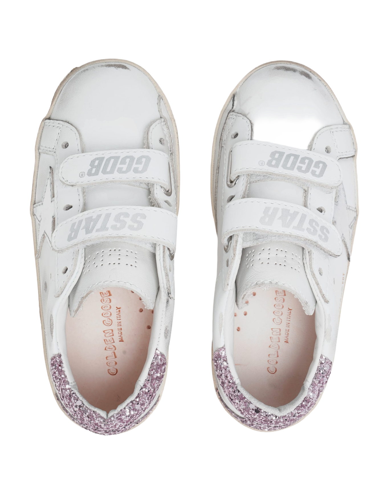 Kids | Junior Old School Sneakers with Glitter Heel Tab & Silver Star | White x Silver x Rose Quartz