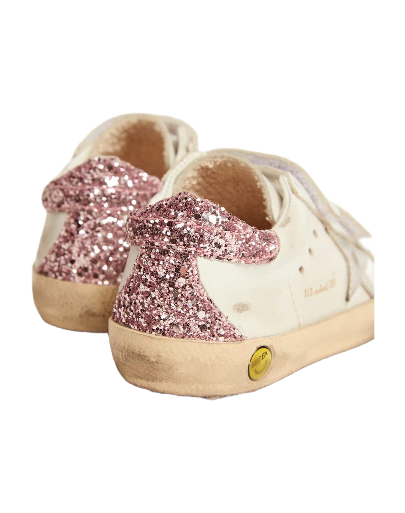 Kids | Junior Old School Sneakers with Glitter Heel Tab & Silver Star | White x Silver x Rose Quartz