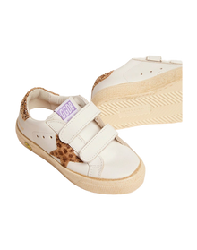 Kids | May School Sneakers White Leather with Giraffe Pony Skin Star & Gold Glitter Heel Tab | White x Cream Light Brown Giraffe x Gold