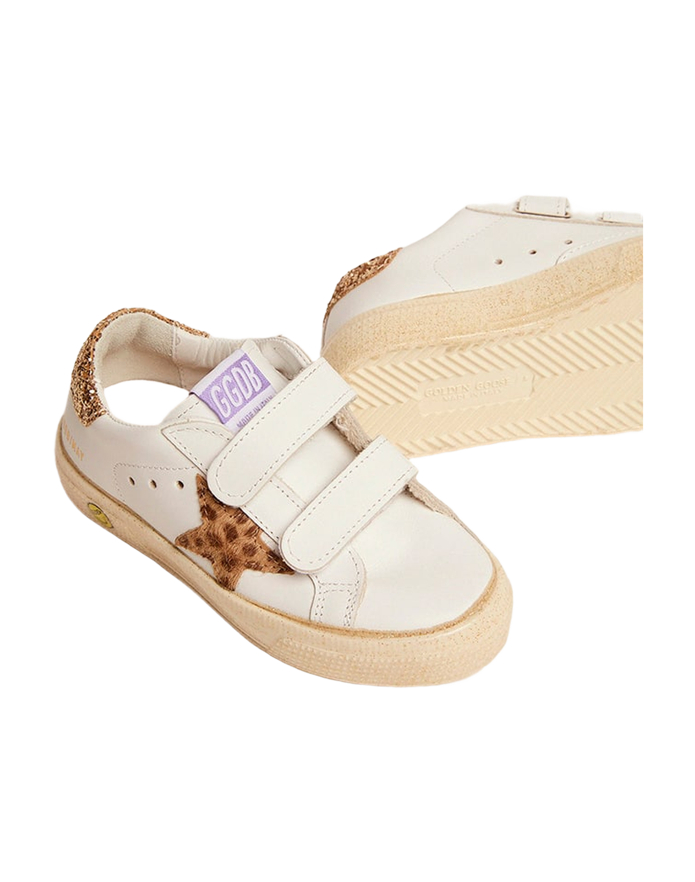 Kids | May School Sneakers White Leather with Giraffe Pony Skin Star & Gold Glitter Heel Tab | White x Cream Light Brown Giraffe x Gold