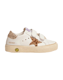 Kids | May School Sneakers White Leather with Giraffe Pony Skin Star & Gold Glitter Heel Tab | White x Cream Light Brown Giraffe x Gold