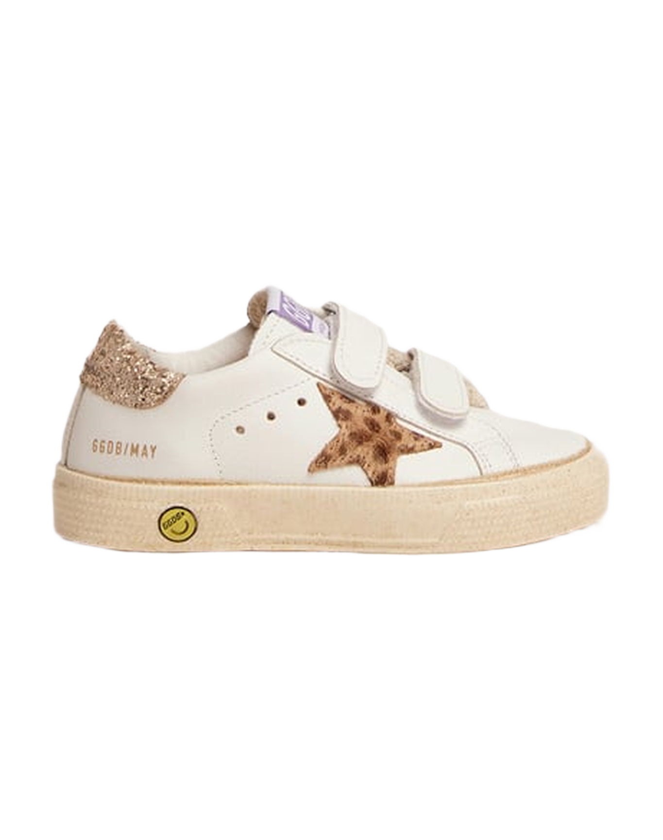Kids | May School Sneakers White Leather with Giraffe Pony Skin Star & Gold Glitter Heel Tab | White x Cream Light Brown Giraffe x Gold