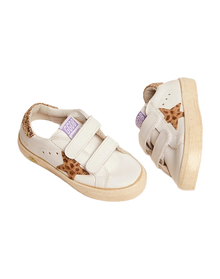 Kids | May School Sneakers White Leather with Giraffe Pony Skin Star & Gold Glitter Heel Tab | White x Cream Light Brown Giraffe x Gold