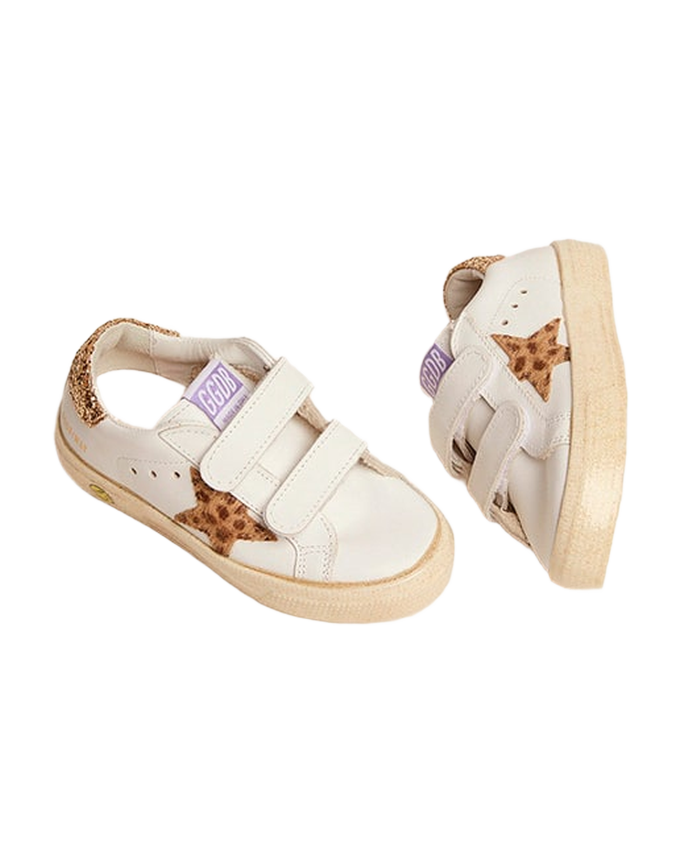 Kids | May School Sneakers White Leather with Giraffe Pony Skin Star & Gold Glitter Heel Tab | White x Cream Light Brown Giraffe x Gold