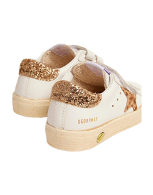 Kids | May School Sneakers White Leather with Giraffe Pony Skin Star & Gold Glitter Heel Tab | White x Cream Light Brown Giraffe x Gold