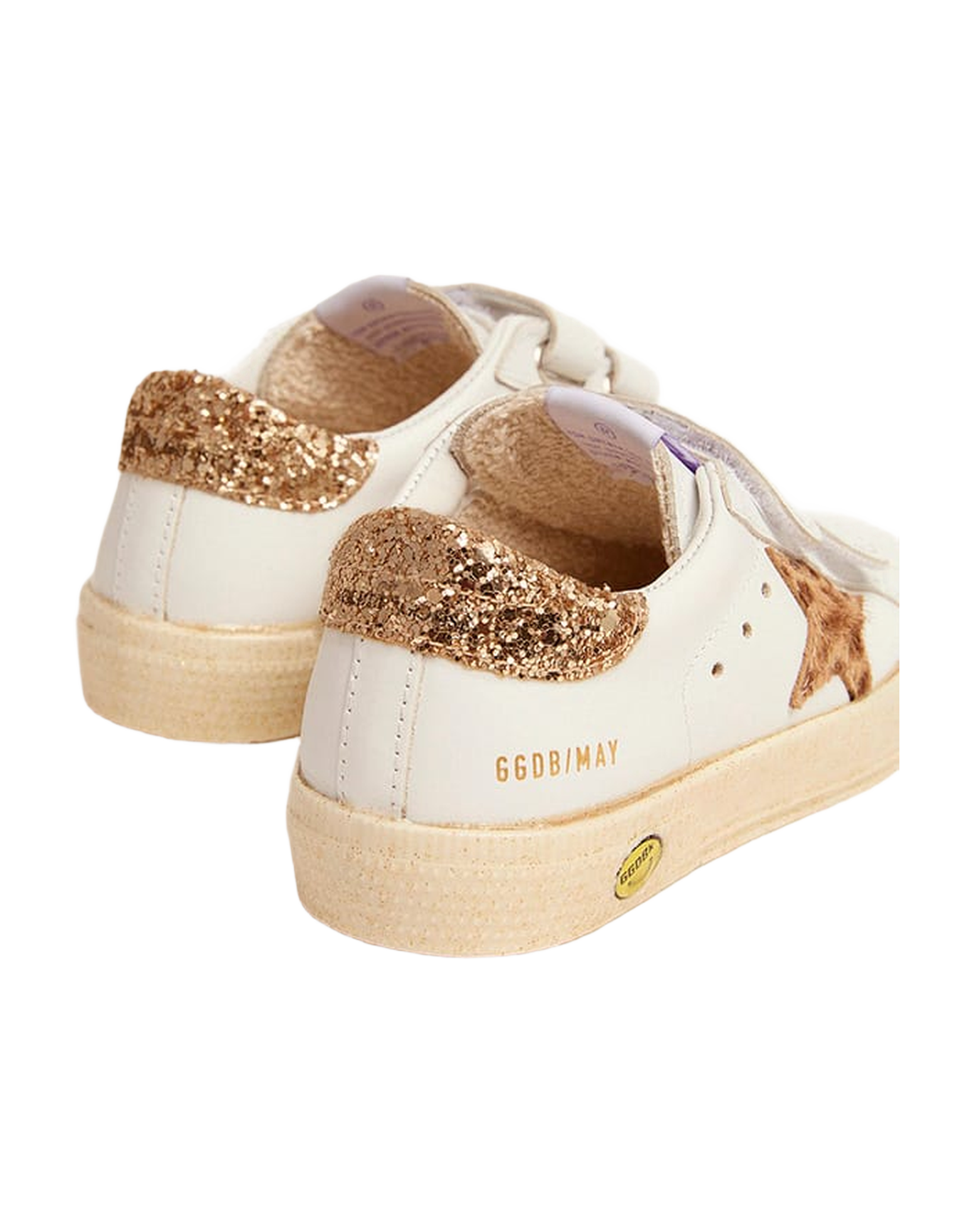 Kids | May School Sneakers White Leather with Giraffe Pony Skin Star & Gold Glitter Heel Tab | White x Cream Light Brown Giraffe x Gold