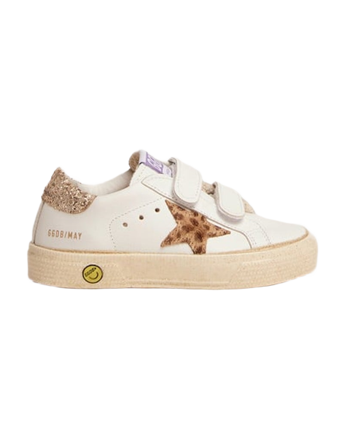 Kids | May School Sneakers White Leather with Giraffe Pony Skin Star & Gold Glitter Heel Tab | White x Cream Light Brown Giraffe x Gold