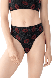 Kiss Hand - Beaded Embellished High - waisted Bikini Bottom - Black - Self - Adore