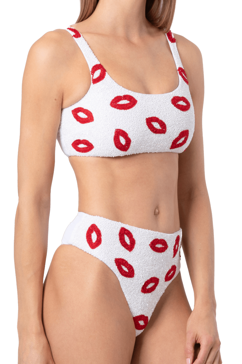 Kiss Hand - Beaded Embellished Bikini Top - White - Self - Adore