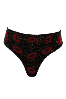 Kiss Hand - Beaded Embellished High - waisted Bikini Bottom - Black - Self - Adore