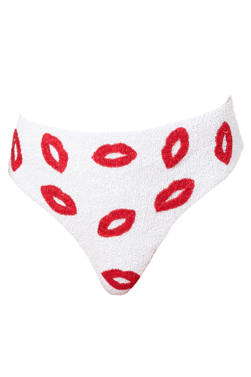 Kiss Hand - Beaded Embellished High - waisted Bikini Bottom - White - Self - Adore