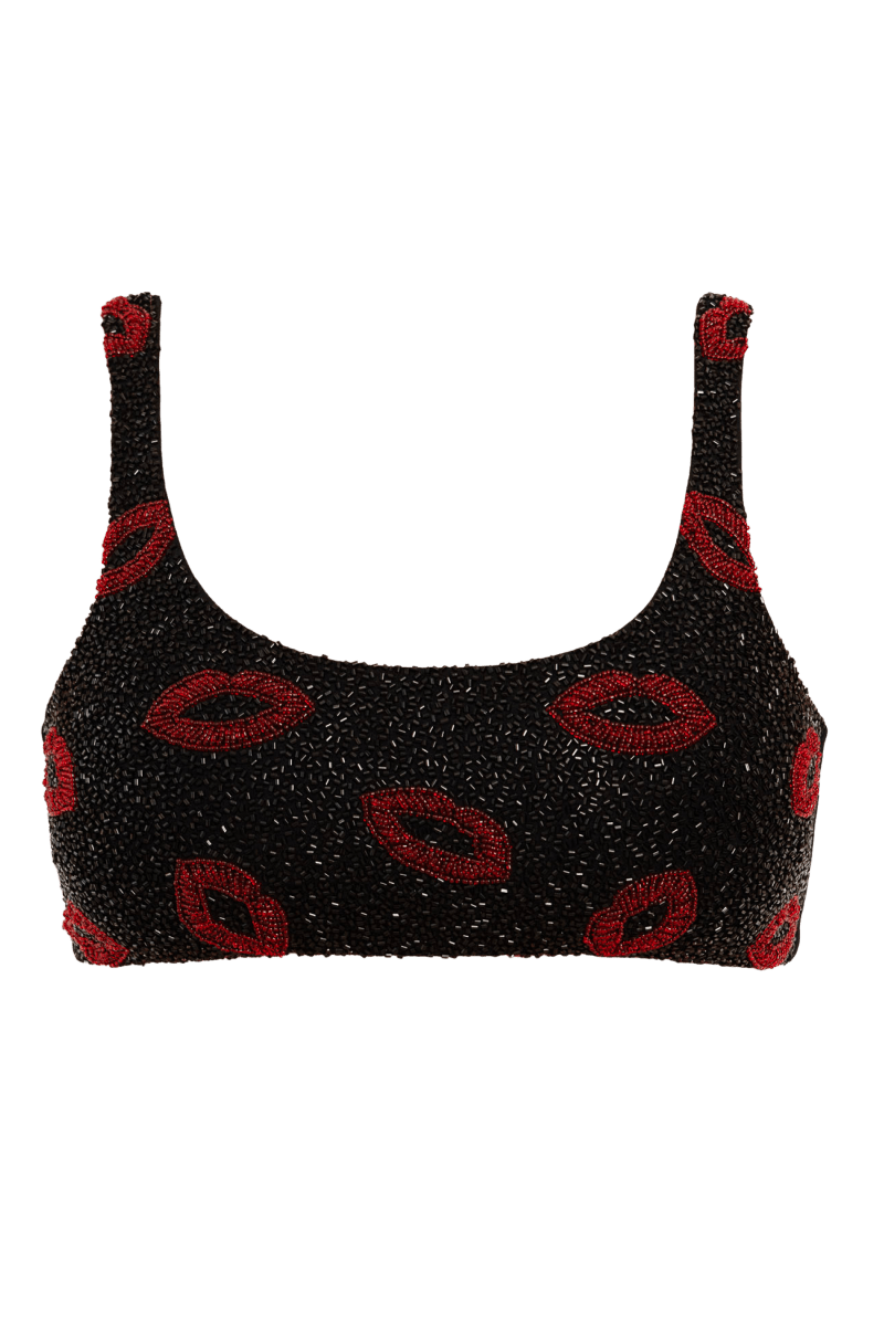 Kiss Hand - Beaded Embellished Bikini Top - Black - Self - Adore