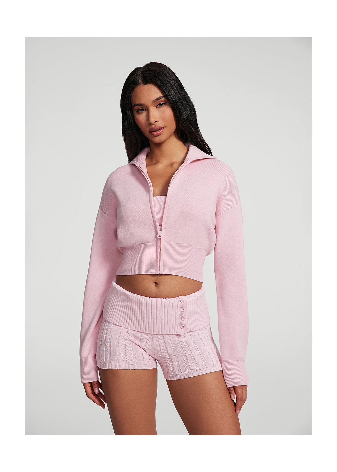 Knit Cropped Zip-Up Jacket | Ballet Pink