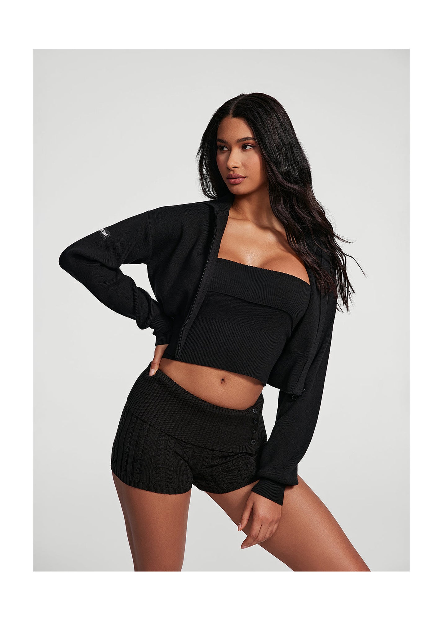 Knit Cropped Zip-Up Jacket | Black