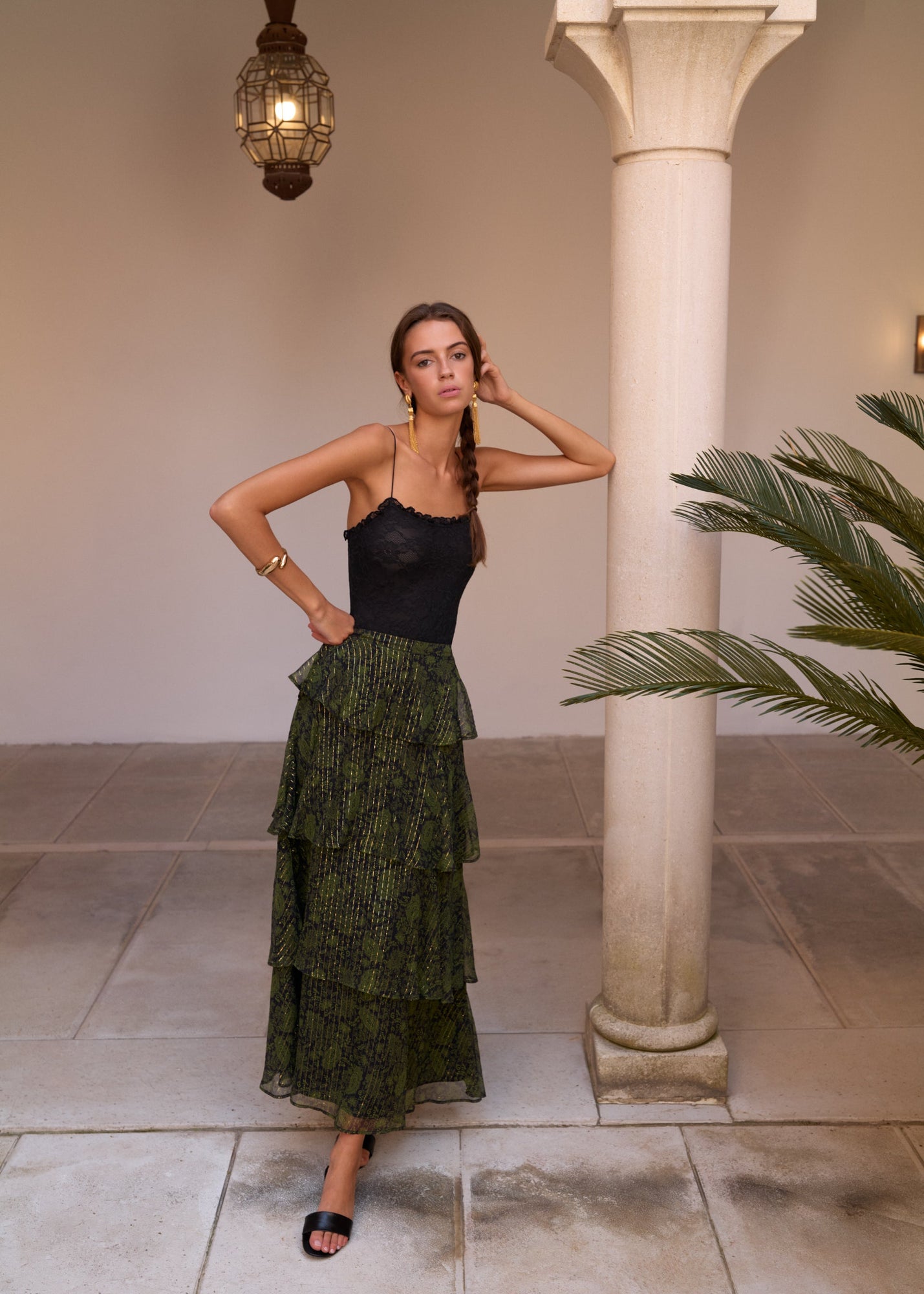 Gaia Metallic Chiffon Tiered Maxi Skirt | Forest Paisley