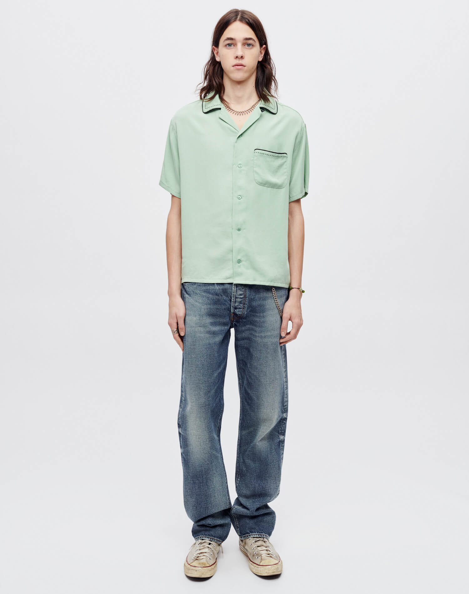 Mens | Sashiko Bowling Shirt | Pale Green